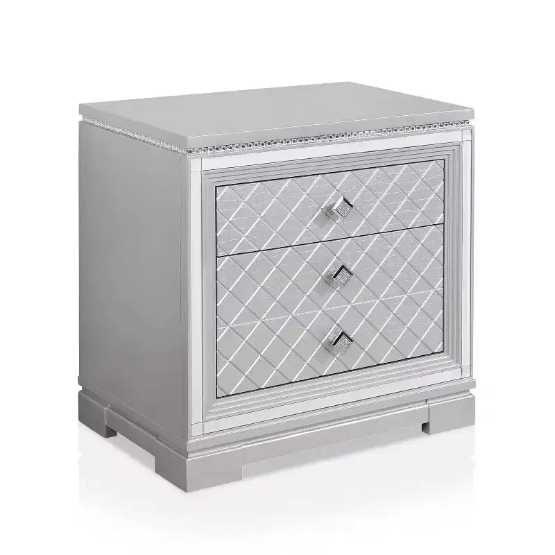 Comodino a 2 cassetti con porta USB, colore argento, stile glamour, 1 persona