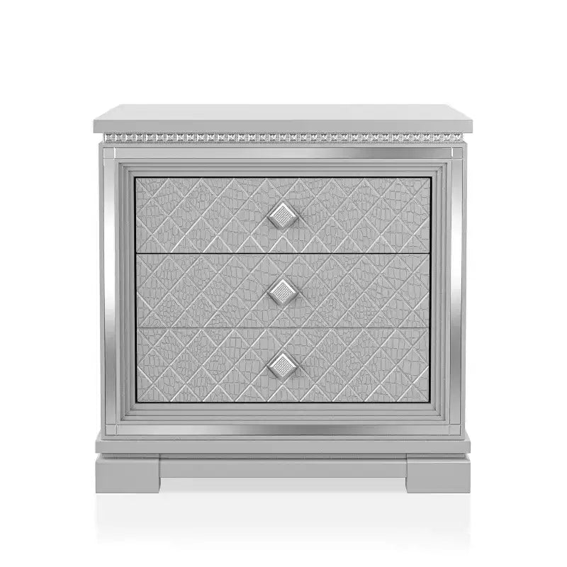 Comodino a 2 cassetti con porta USB, colore argento, stile glamour, 1 persona