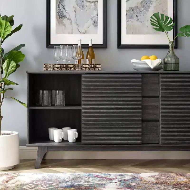 63" Credenza a buffet o mobile porta TV Charcoal - Modway: Mid-Century Modern, Portaoggetti multimediale
