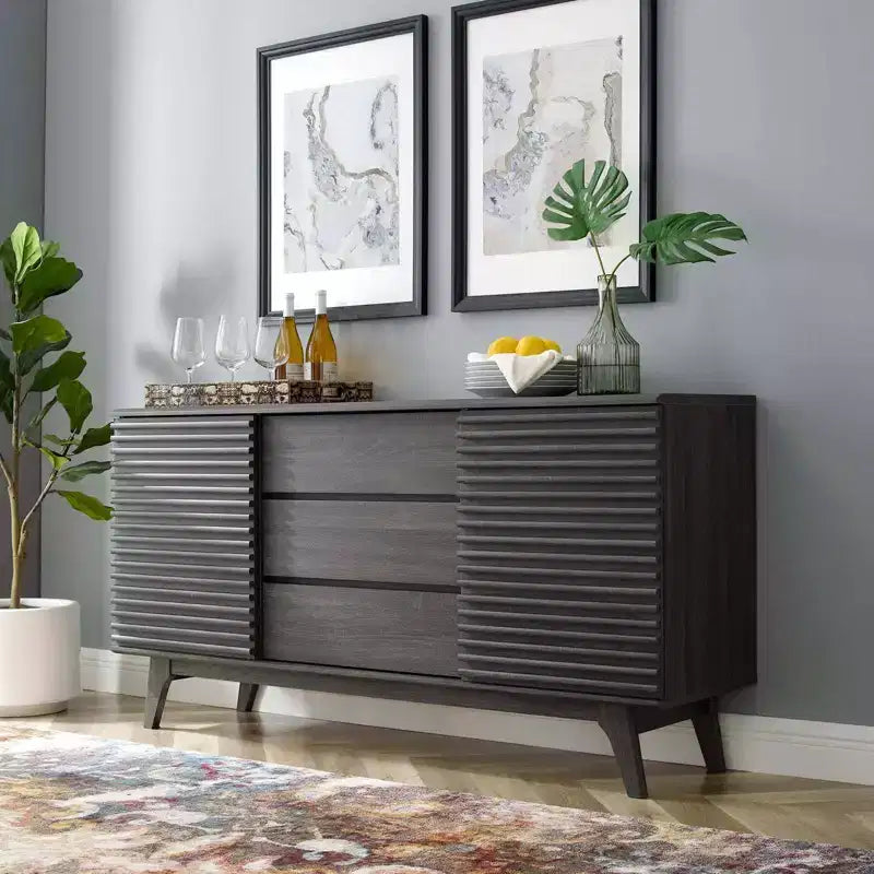63" Credenza a buffet o mobile porta TV Charcoal - Modway: Mid-Century Modern, Portaoggetti multimediale