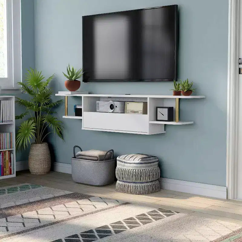 miBasics Kevis - Mobile TV moderno sospeso per TV fino a 70" bianco: Console multimediale a parete con vano contenitore