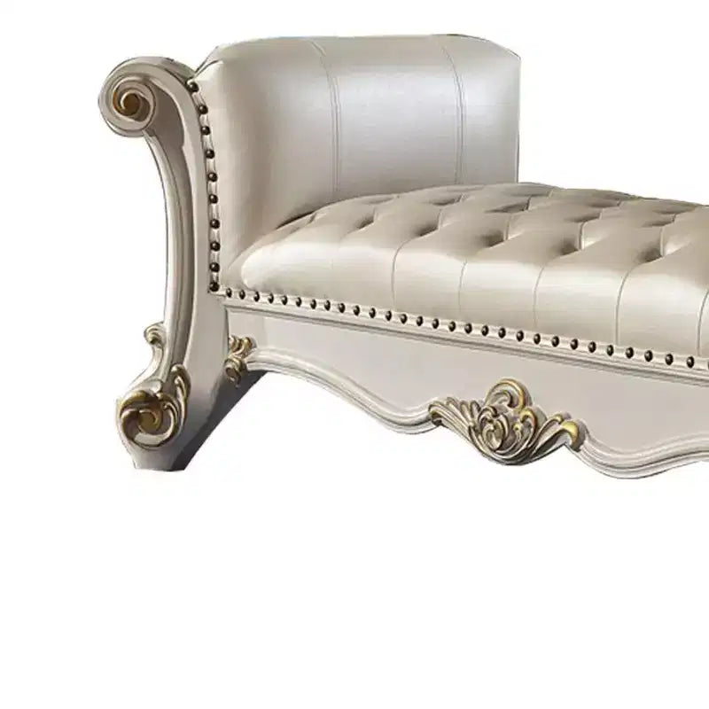 Pouf e Panca Vendome Acme Furniture 74" in Ecopelle Sintetica Perla e Finitura Perla Antica: Rivestimento in Lino, Gambe in Metallo, Montaggio senza attrezzi