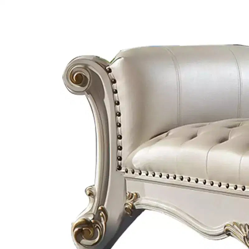 Pouf e Panca Vendome Acme Furniture 74" in Ecopelle Sintetica Perla e Finitura Perla Antica: Rivestimento in Lino, Gambe in Metallo, Montaggio senza attrezzi