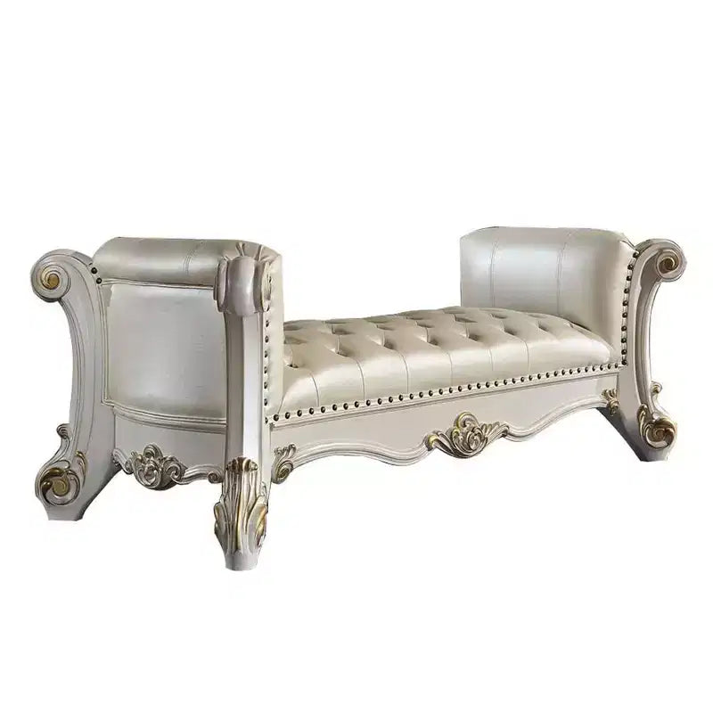 Pouf e Panca Vendome Acme Furniture 74" in Ecopelle Sintetica Perla e Finitura Perla Antica: Rivestimento in Lino, Gambe in Metallo, Montaggio senza attrezzi