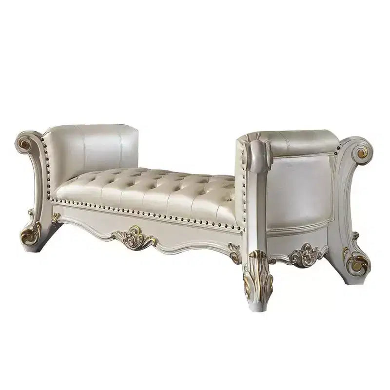 Pouf e Panca Vendome Acme Furniture 74" in Ecopelle Sintetica Perla e Finitura Perla Antica: Rivestimento in Lino, Gambe in Metallo, Montaggio senza attrezzi