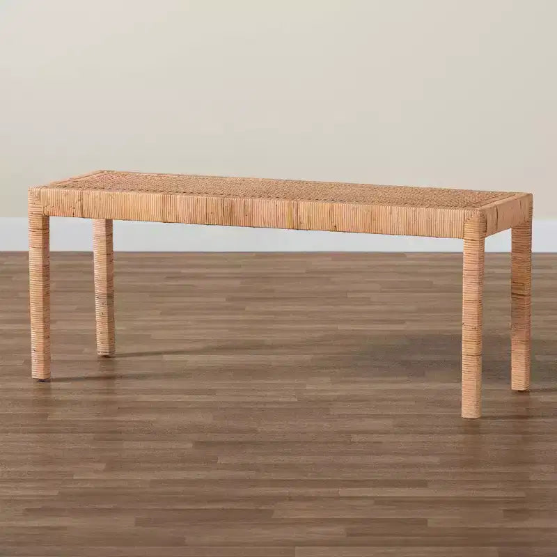 Panca lunga Abelia in rattan naturale e legno di mogano, marrone naturale - Baxton Studio