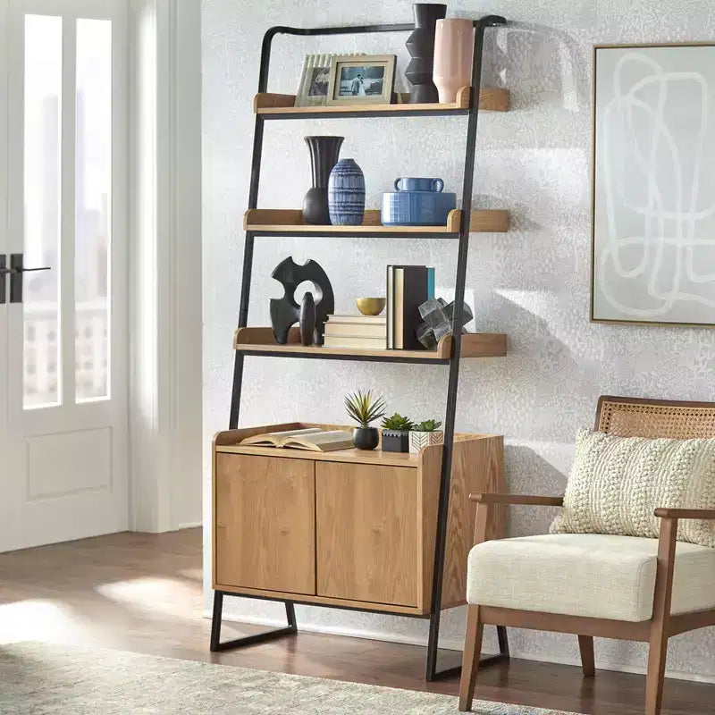 Libreria a scaletta Lifestorey Estanier 73" con armadietto Naturale/Nero