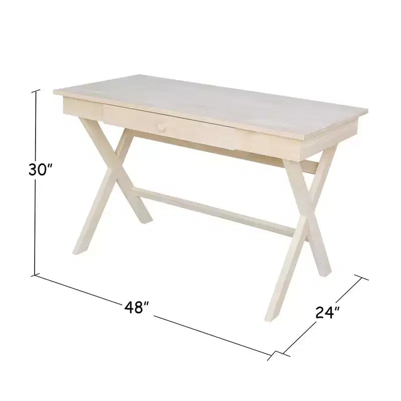Cross Leg Desk Unfinished - International Concepts: Rubberwood Writing Desk with Drawer, Hardwood Frame