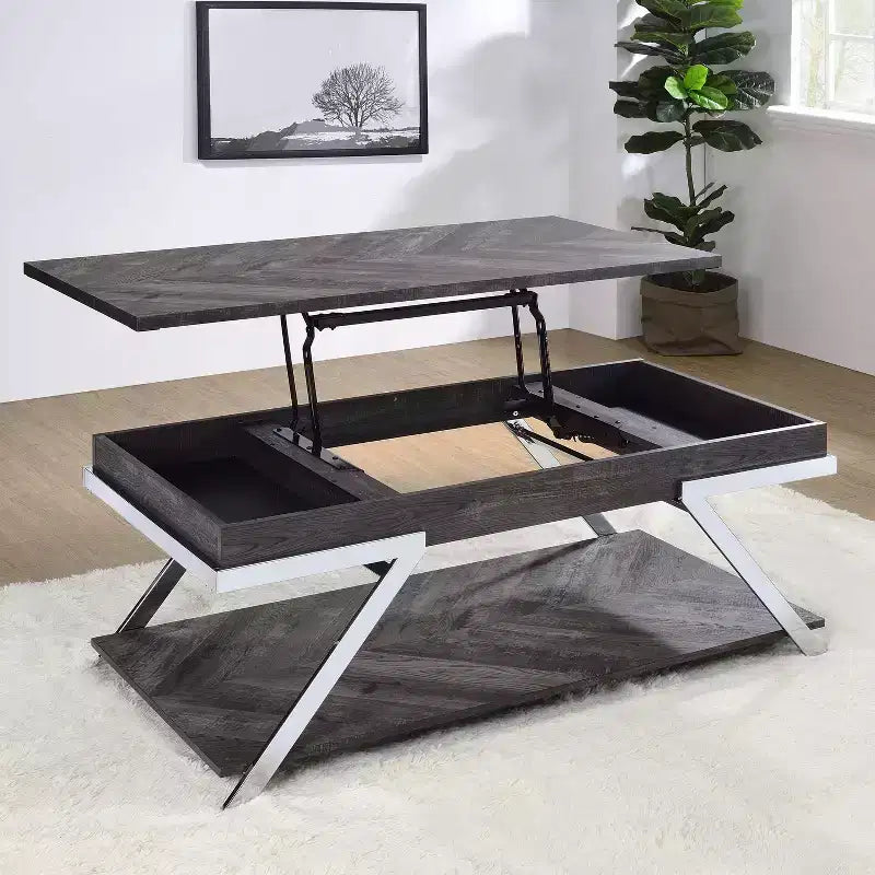 Set 3 Tavolini Occasionali Roma Grigio Scuro/Cromato - Steve Silver Co.: Set di Mobili da Soggiorno Moderno con Design a Piano Sollevabile