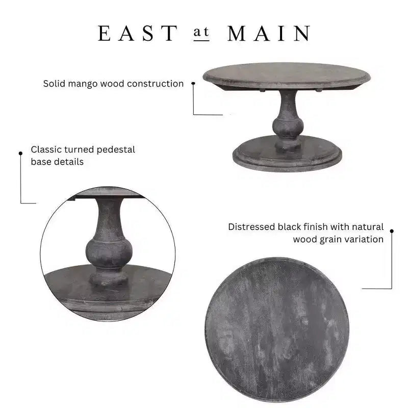 East at Main Tavolino rotondo da 37" nero: legno di mango invecchiato, base a piedistallo, capacità 200 libbre, stile contemporaneo