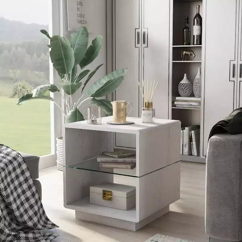 miBasics Welnick Tavolino Moderno con Ripiano in Vetro Rovere Bianco: piano in vetro temperato, stile di transizione, base contenitore