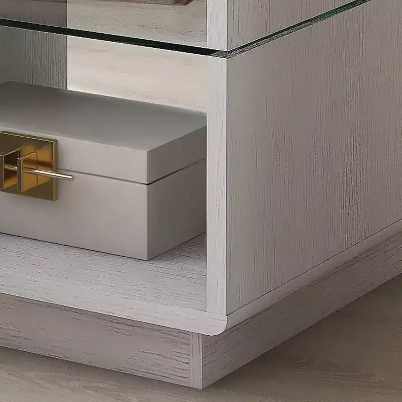 miBasics Welnick Tavolino Moderno con Ripiano in Vetro Rovere Bianco: piano in vetro temperato, stile di transizione, base contenitore