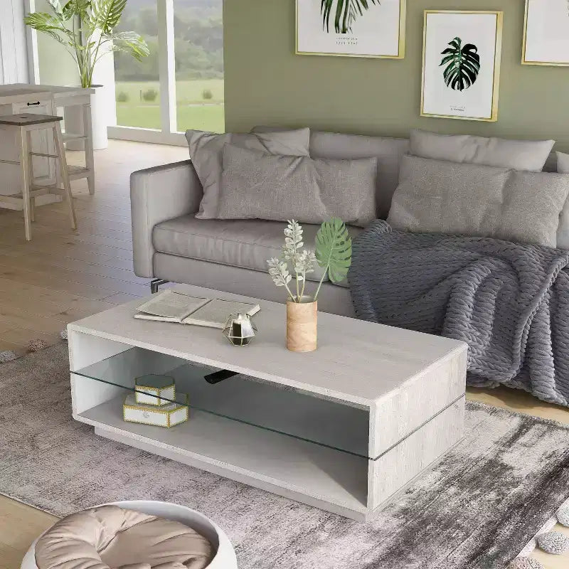 miBasics Welnick Tavolino Moderno con Ripiano in Vetro Rovere Bianco: piano in vetro temperato, stile di transizione, base contenitore