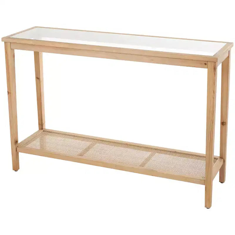 Olivia & May Wood Slim Natural 1 Shelf Console Table with Glass Top and Rattan Shelf Brown