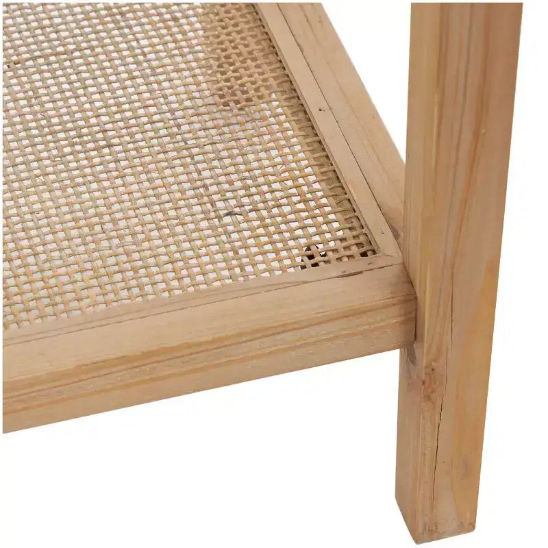 Olivia & May Wood Slim Consolle con 1 Ripiano Naturale e Top in Vetro e Ripiano in Rattan Marrone