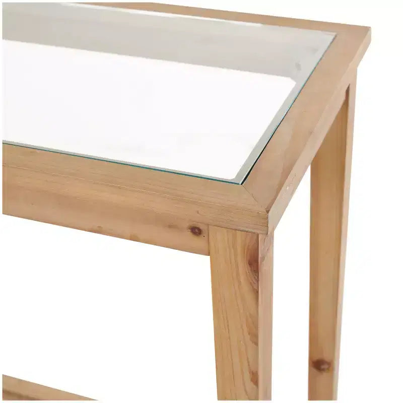 Olivia & May Wood Slim Consolle con 1 Ripiano Naturale e Top in Vetro e Ripiano in Rattan Marrone