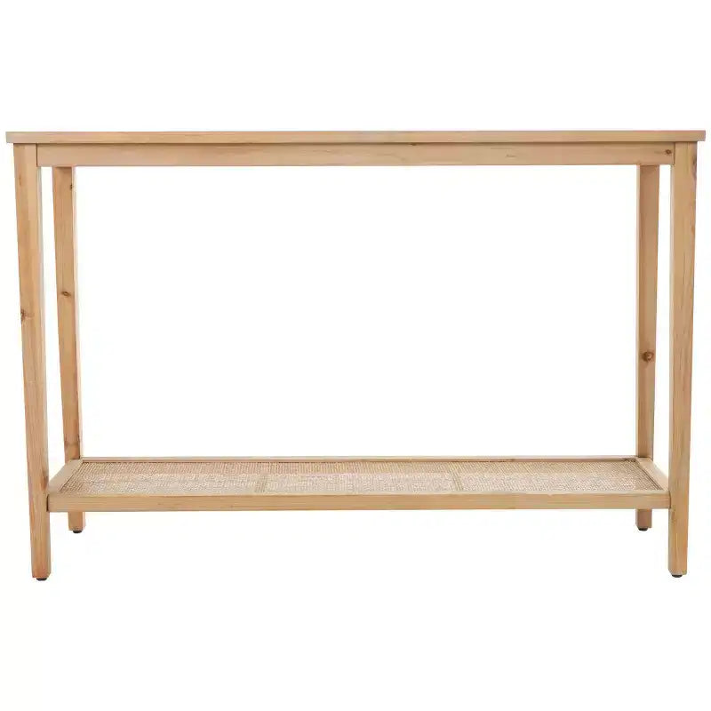 Olivia & May Wood Slim Consolle con 1 Ripiano Naturale e Top in Vetro e Ripiano in Rattan Marrone