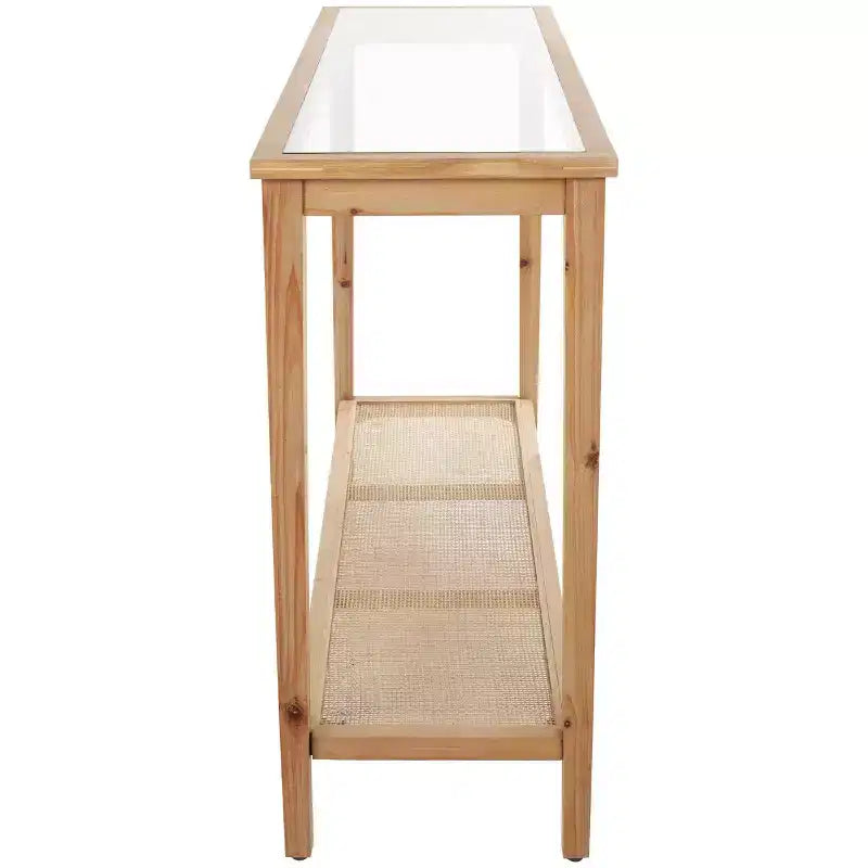 Olivia & May Wood Slim Consolle con 1 Ripiano Naturale e Top in Vetro e Ripiano in Rattan Marrone