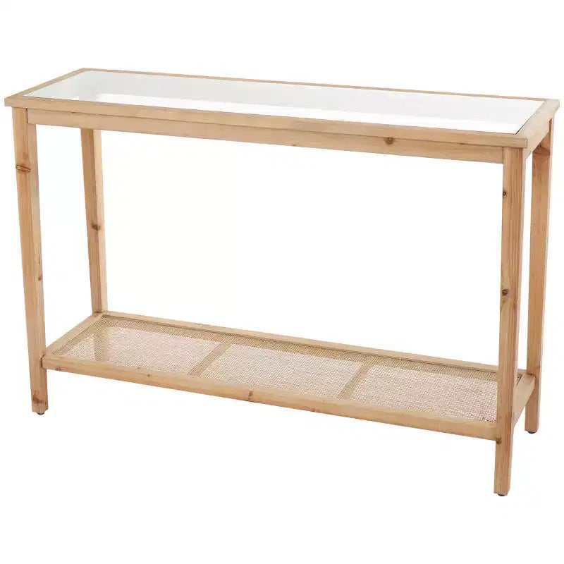 Olivia & May Wood Slim Consolle con 1 Ripiano Naturale e Top in Vetro e Ripiano in Rattan Marrone