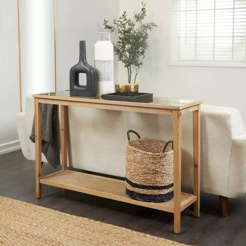 Olivia & May Wood Slim Consolle con 1 Ripiano Naturale e Top in Vetro e Ripiano in Rattan Marrone