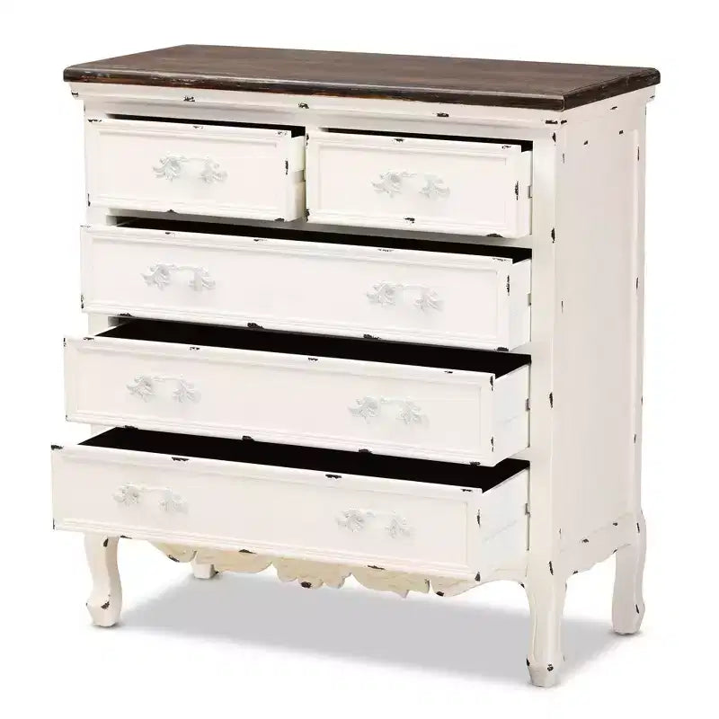 Cassettiera Levron in Legno Bicolore a 5 Cassetti Noce Marrone/Bianco - Baxton Studio
