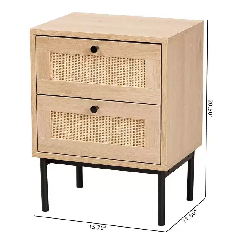 Baxton Studio Sherwin, comodino a 2 cassetti con inserti in rattan intrecciato, marrone chiaro/nero: mobile contenitore di metà secolo, base in metallo