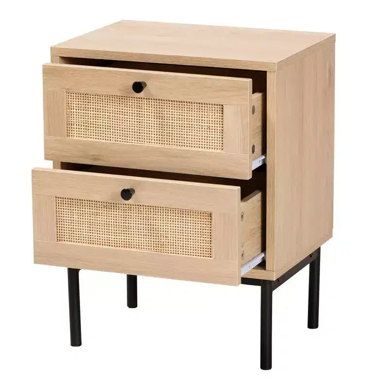 Baxton Studio Sherwin, comodino a 2 cassetti con inserti in rattan intrecciato, marrone chiaro/nero: mobile contenitore di metà secolo, base in metallo