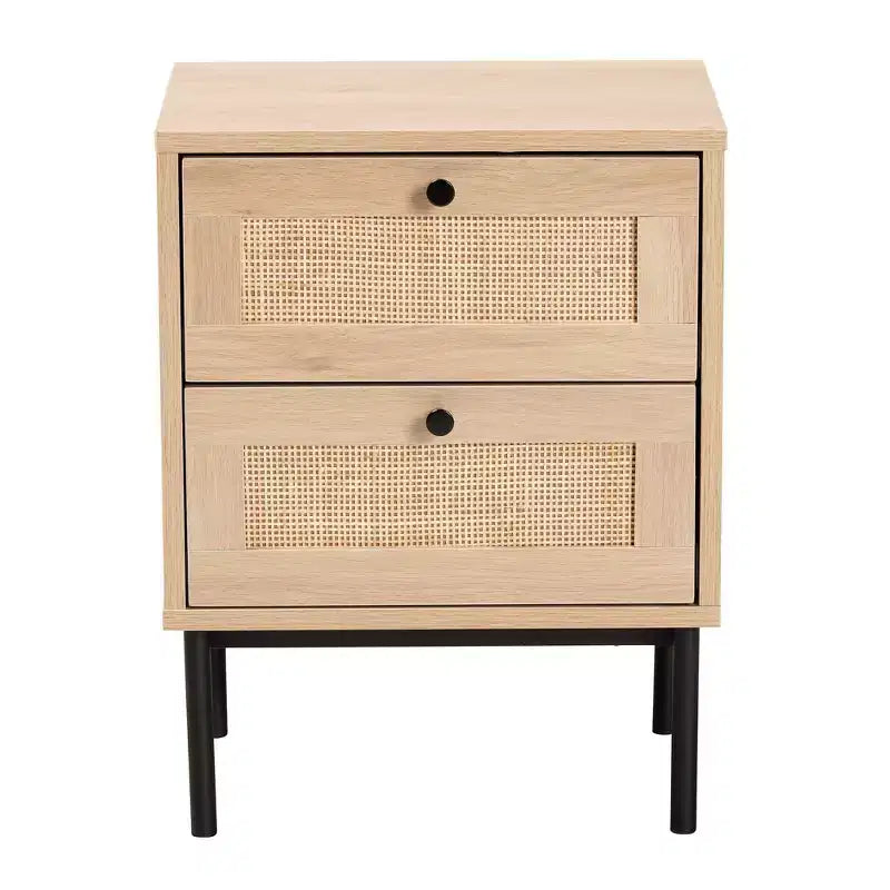 Baxton Studio Sherwin, comodino a 2 cassetti con inserti in rattan intrecciato, marrone chiaro/nero: mobile contenitore di metà secolo, base in metallo