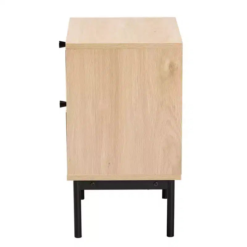 Baxton Studio Sherwin, comodino a 2 cassetti con inserti in rattan intrecciato, marrone chiaro/nero: mobile contenitore di metà secolo, base in metallo