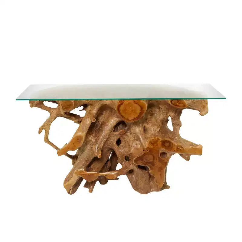 Contemporary Teak Wood Organic Console Table Brown - Olivia & May: Glass Top, No Assembly Required