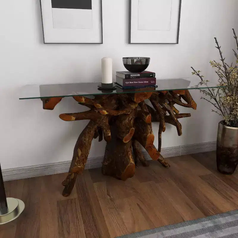 Consolle in Teak Contemporaneo Marrone – Olivia & May: piano in vetro, nessun montaggio richiesto