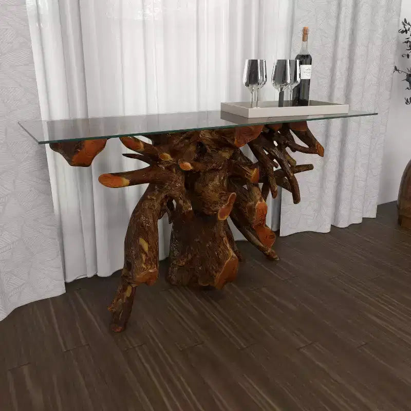 Consolle in Teak Contemporaneo Marrone – Olivia & May: piano in vetro, nessun montaggio richiesto