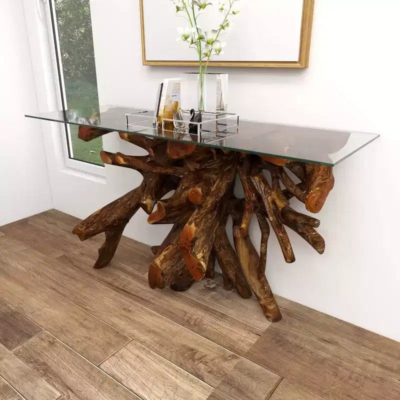 Consolle in Teak Contemporaneo Marrone – Olivia & May: piano in vetro, nessun montaggio richiesto
