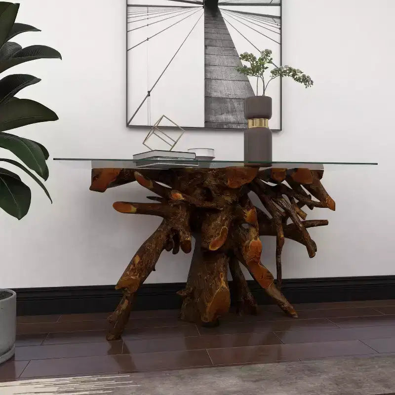 Consolle in Teak Contemporaneo Marrone – Olivia & May: piano in vetro, nessun montaggio richiesto