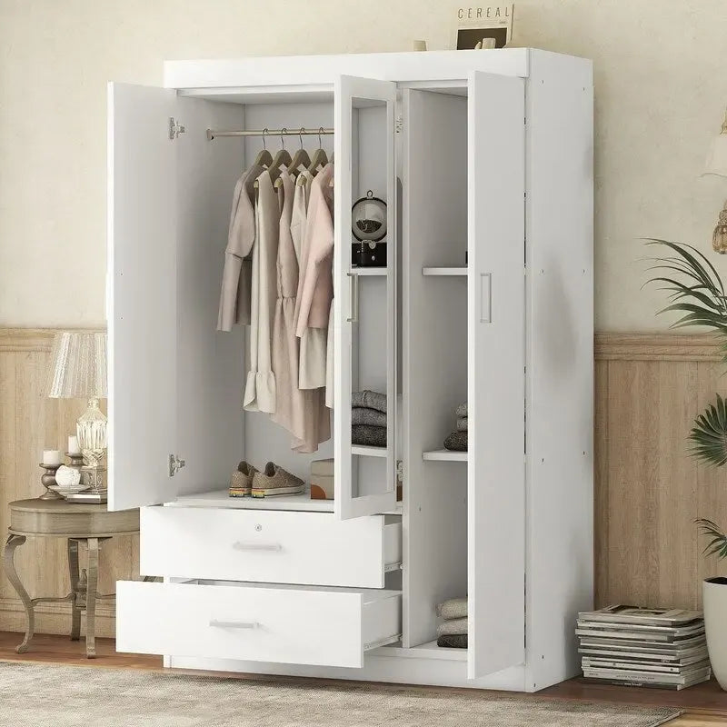 3-Door Mirror Wardrobe with Shelves and 2 Drawers