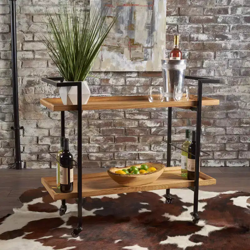 Carrello bar in legno nero industriale a 2 ripiani con ruote