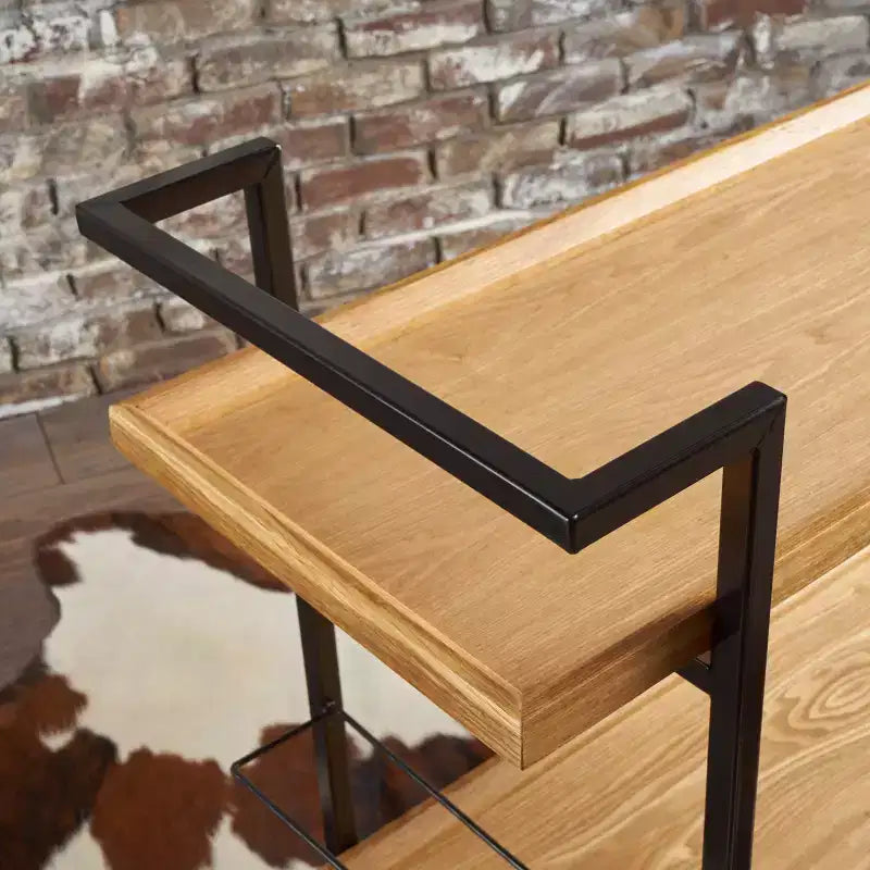 Carrello bar in legno nero industriale a 2 ripiani con ruote