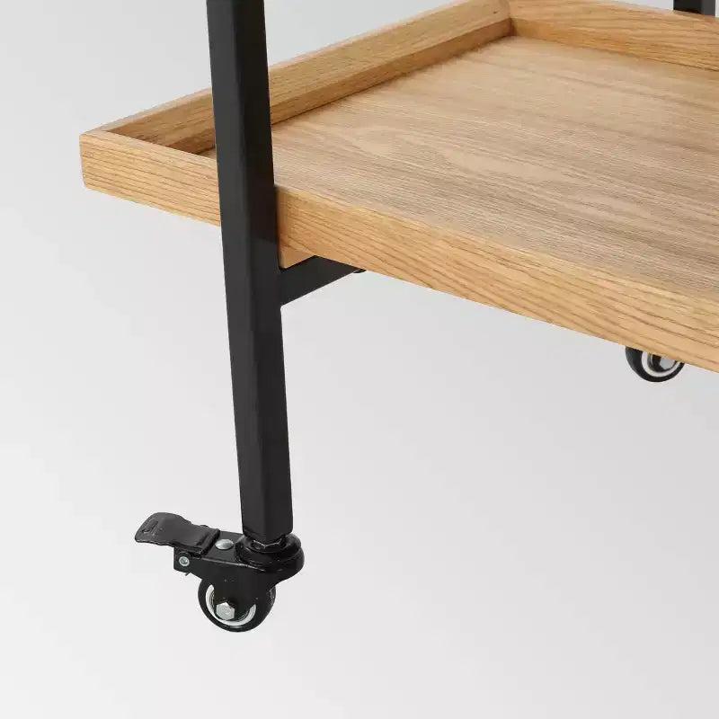 Carrello bar in legno nero industriale a 2 ripiani con ruote