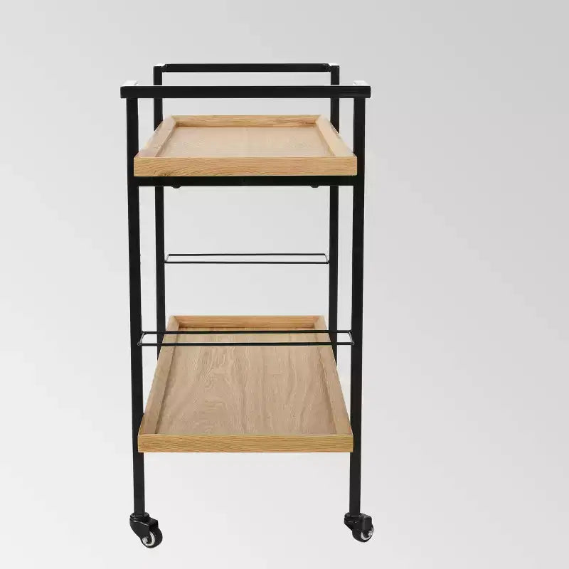 Carrello bar in legno nero industriale a 2 ripiani con ruote