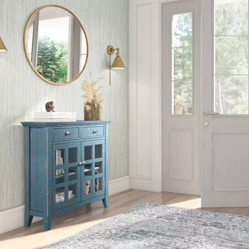 Marrone Naturale Invecchiato / Castano / Grigio / Nero / Bianco / Blu – Mobile ingresso in legno massello con ante e cassetti, 2 ante 2 cassetti, Montaggio per 1 persona