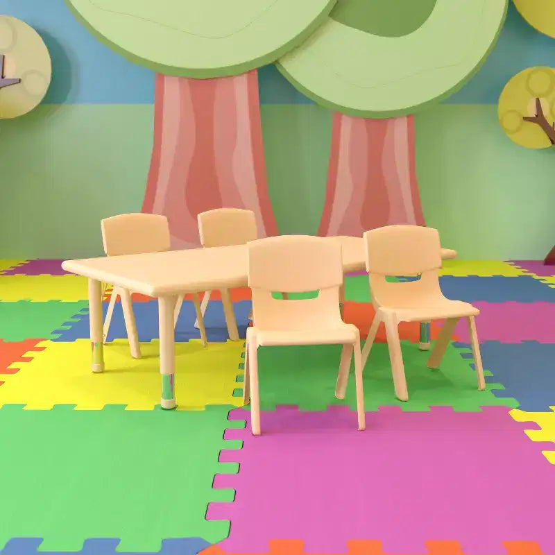 Set Tavolo Attività Rettangolare per Bambini Verde / Naturale / Rosso per 4 Persone, Regolabile in Altezza