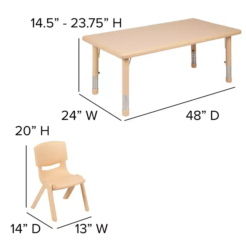 Set Tavolo Attività Rettangolare per Bambini Verde / Naturale / Rosso per 4 Persone, Regolabile in Altezza