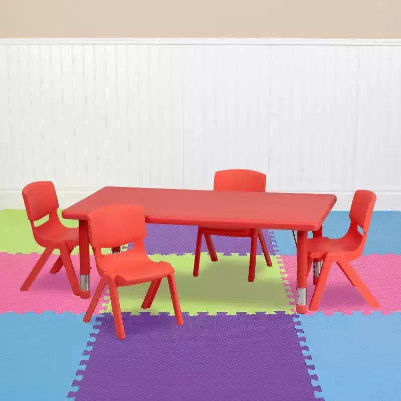 Set Tavolo Attività Rettangolare per Bambini Verde / Naturale / Rosso per 4 Persone, Regolabile in Altezza
