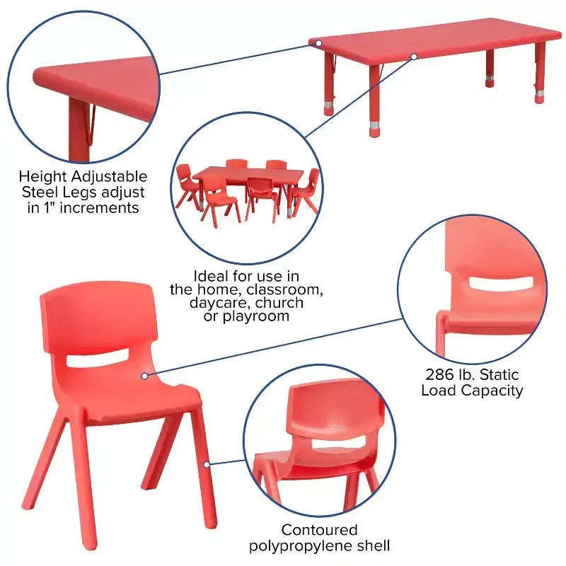 Set Tavolo Attività Rettangolare per Bambini Verde / Naturale / Rosso per 4 Persone, Regolabile in Altezza