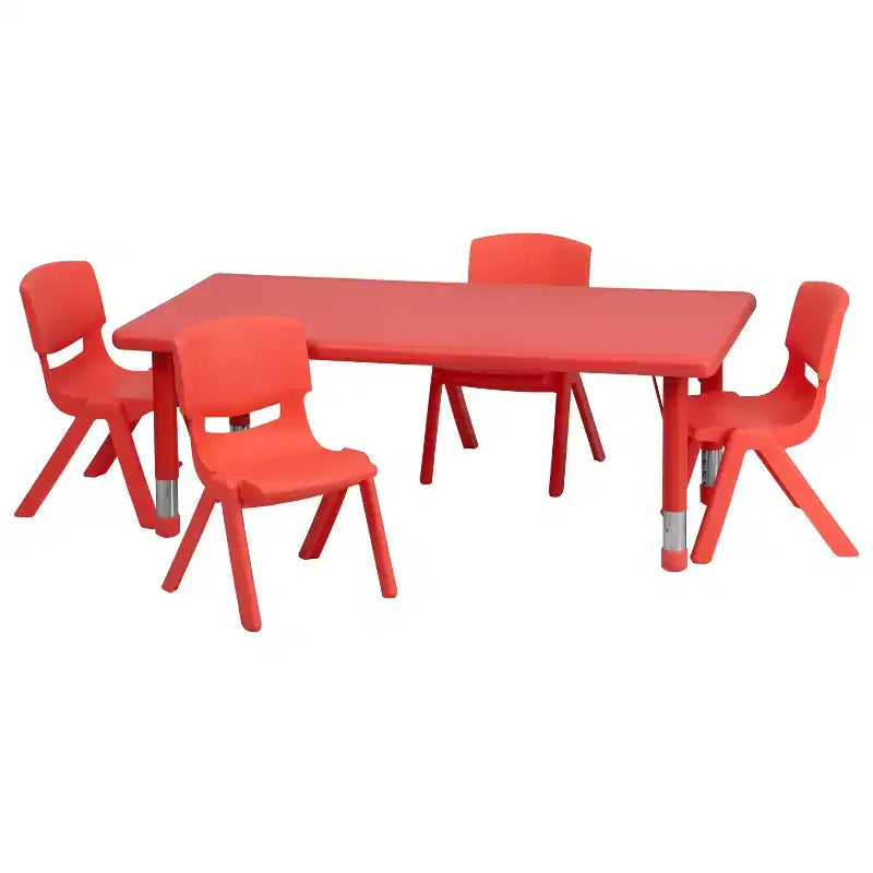 Set Tavolo Attività Rettangolare per Bambini Verde / Naturale / Rosso per 4 Persone, Regolabile in Altezza