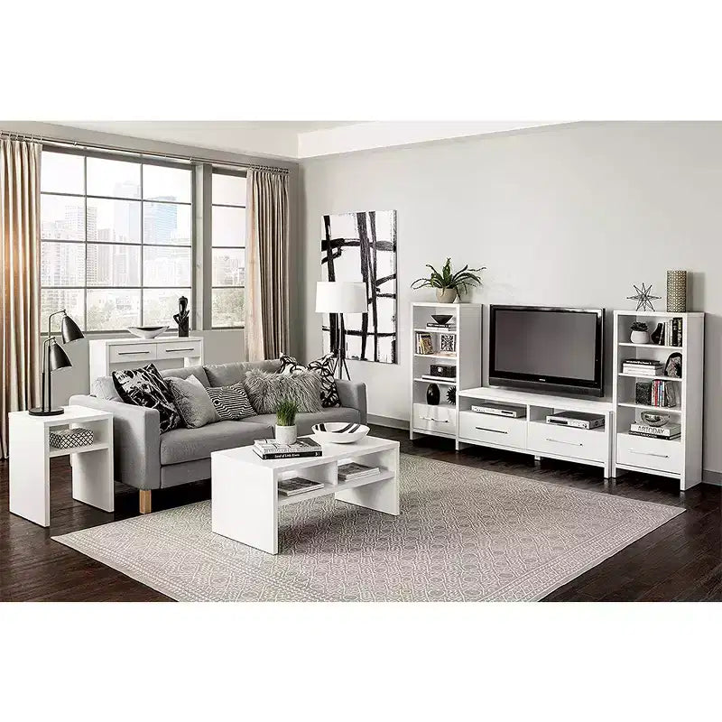 Torre portamedia White Wood con cassetto, set da 2 pezzi