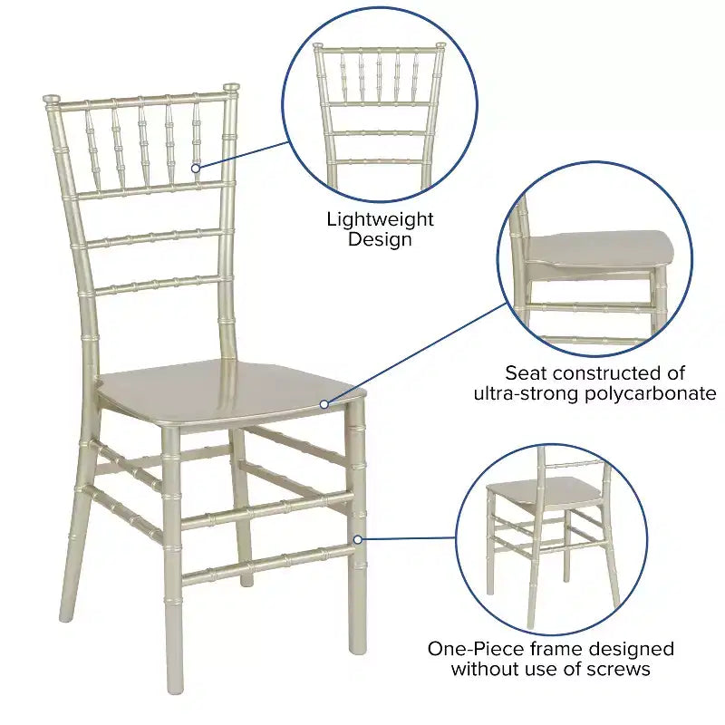 Sedia Chiavari impilabile in resina Nera / Champagne / Oro / Mogano / Oro rosa / Argento / Bianca – 1 posto