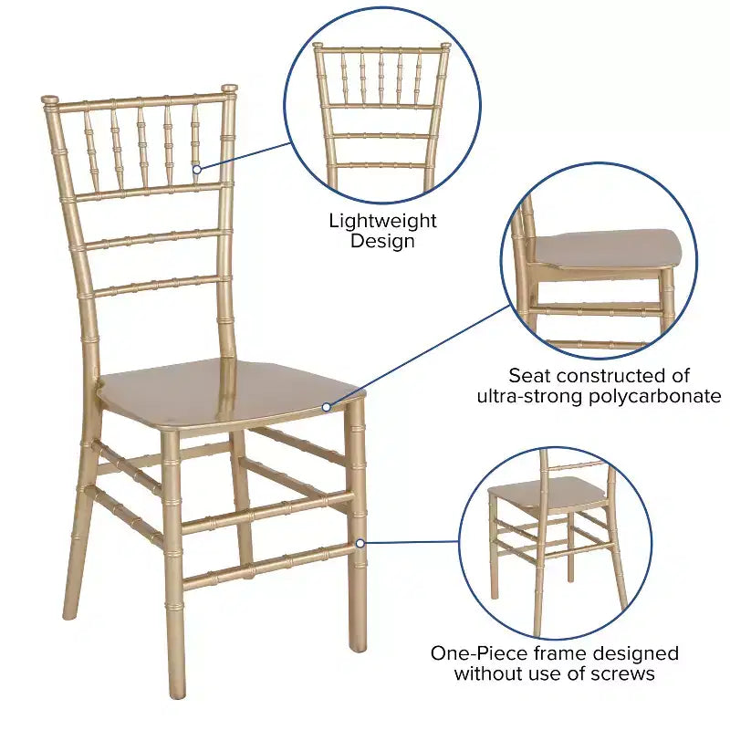Sedia Chiavari impilabile in resina Nera / Champagne / Oro / Mogano / Oro rosa / Argento / Bianca – 1 posto