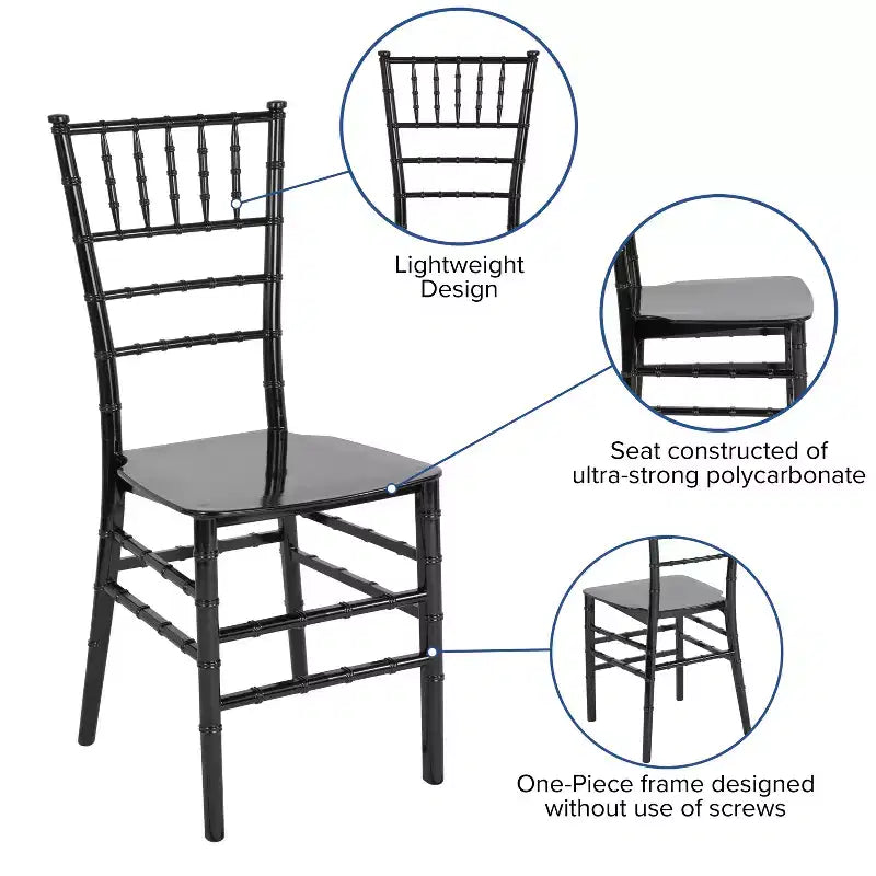 Sedia Chiavari impilabile in resina Nera / Champagne / Oro / Mogano / Oro rosa / Argento / Bianca – 1 posto
