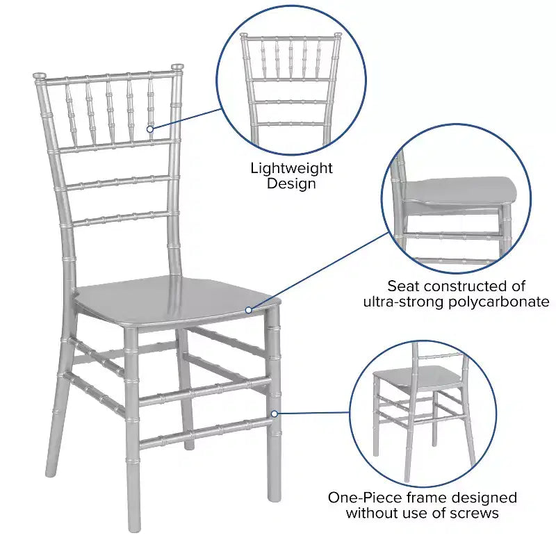 Sedia Chiavari impilabile in resina Nera / Champagne / Oro / Mogano / Oro rosa / Argento / Bianca – 1 posto